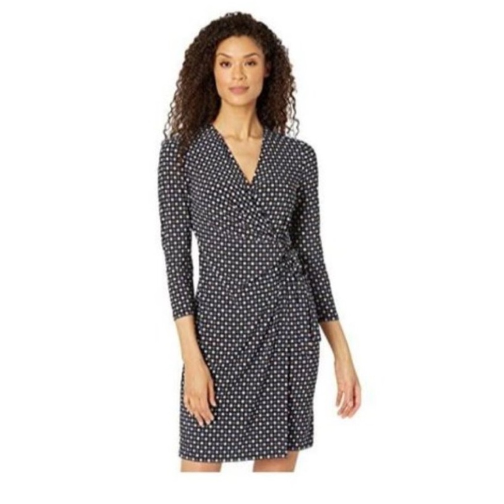 Anne Klein Navy polka dot faux wrap dress size XL